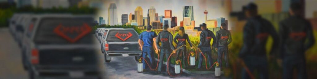 Painting: Team of JAPCO Pest Control technicians standing in front of their black work trucks and the Calgary skyline.