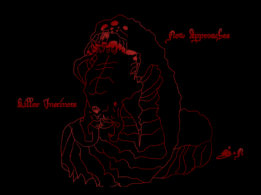 Black and red illustration of a rock slug monster