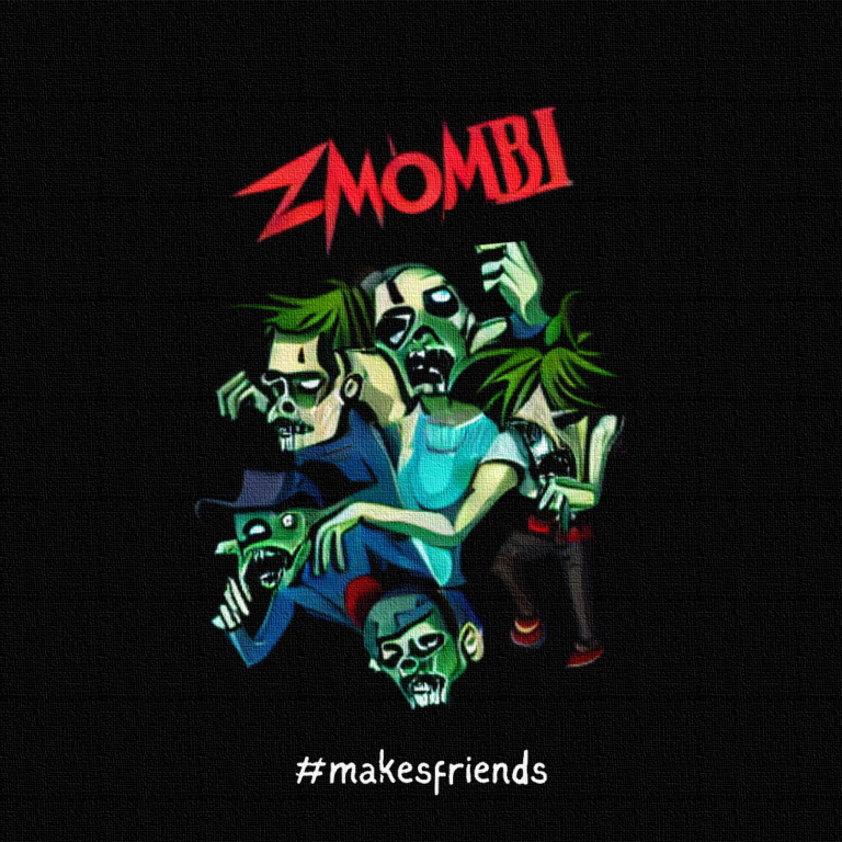 Flat vector illustration of a horde of cartoon zombies. Captioned 'Zmombie makes friends'