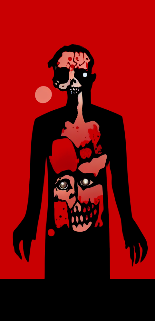 Illustration of a hungry looking zombie set against a red sky.